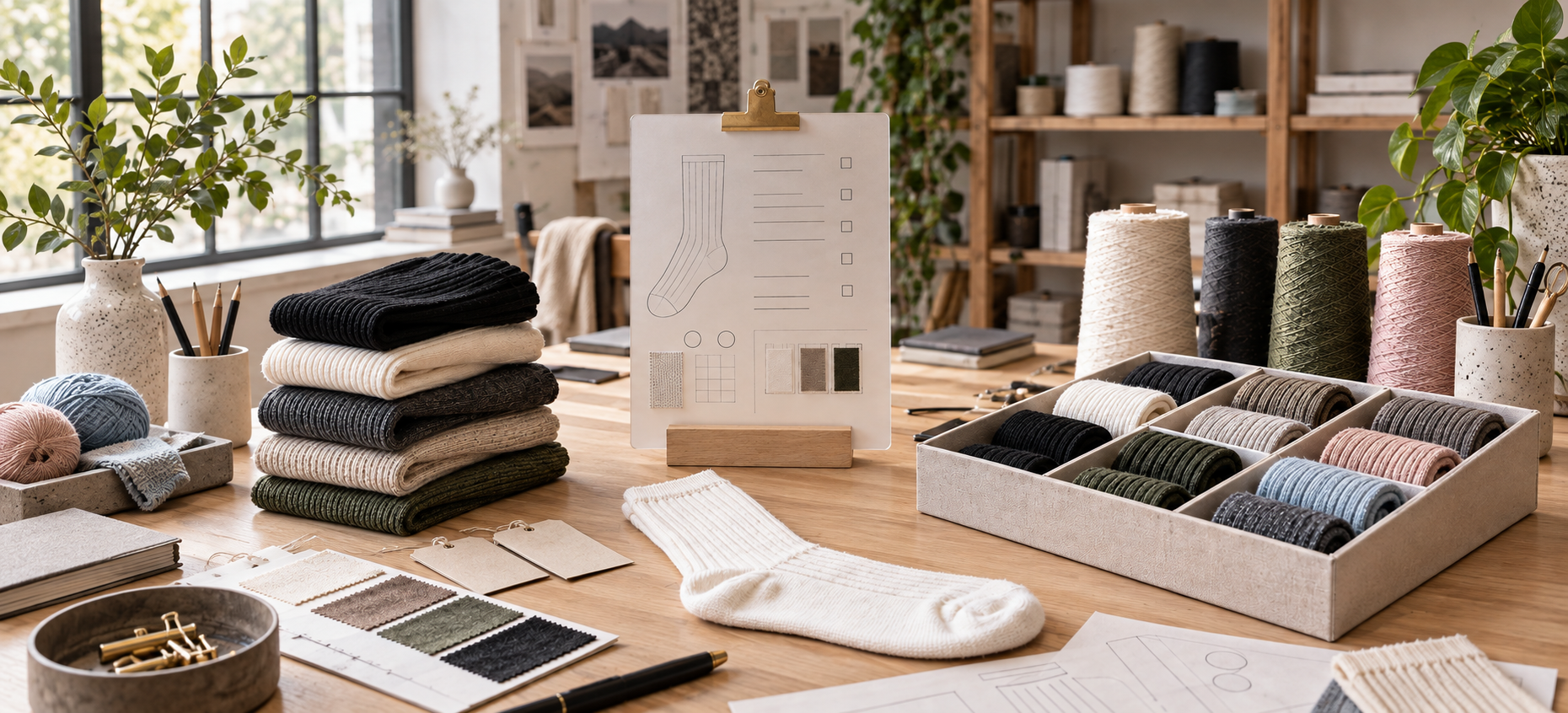 Sock design brief, yarn and sample materials