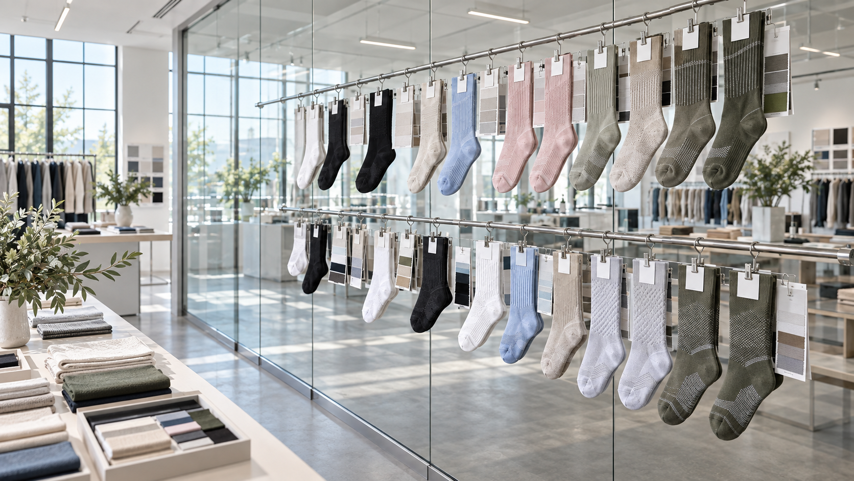 A wide studio display of socks and textile samples