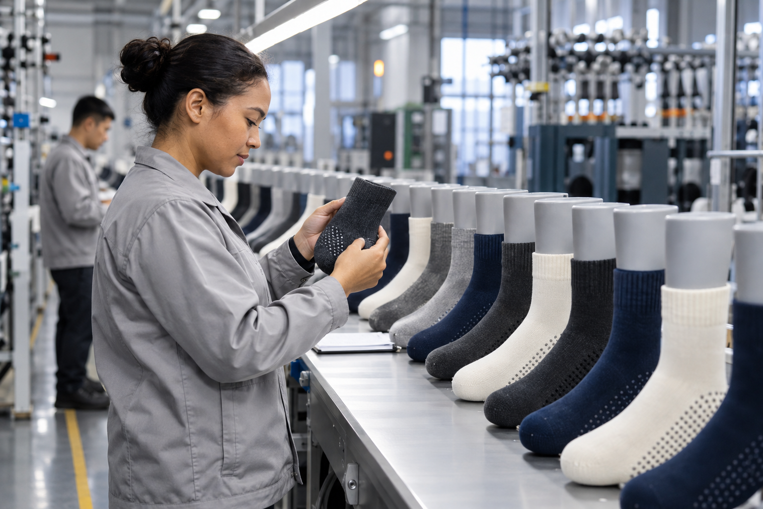 Team member checking sock quality during production